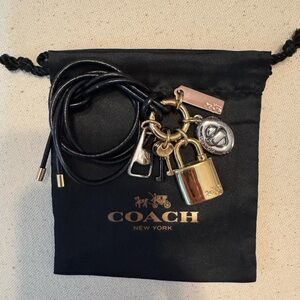 Rare Retired Coach Lock, Key, Turn Lock & Zipper Charm Leather Necklace 35”